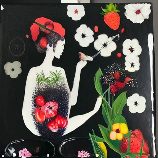 Image similar to “art in an Australian artist’s apartment, portrait of a woman wearing black silk cloth, eating luscious fresh raspberries and strawberries and blueberries, white wax, edible flowers, Japanese pottery, Australian native flowers ikebana, black walls, acrylic and spray paint and oilstick on canvas”