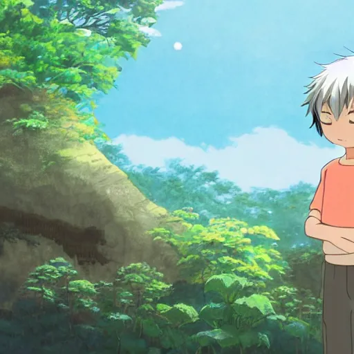 Prompt: friendly guy and small creature , with character portrait face, detailed face, made by Studio Ghibli highly detailed art, beautiful scene, sharp focus, smooth, 8k, anime art