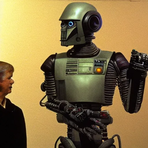 Image similar to ig-88 talking in the cantina, artwork by ralph mcquarrie