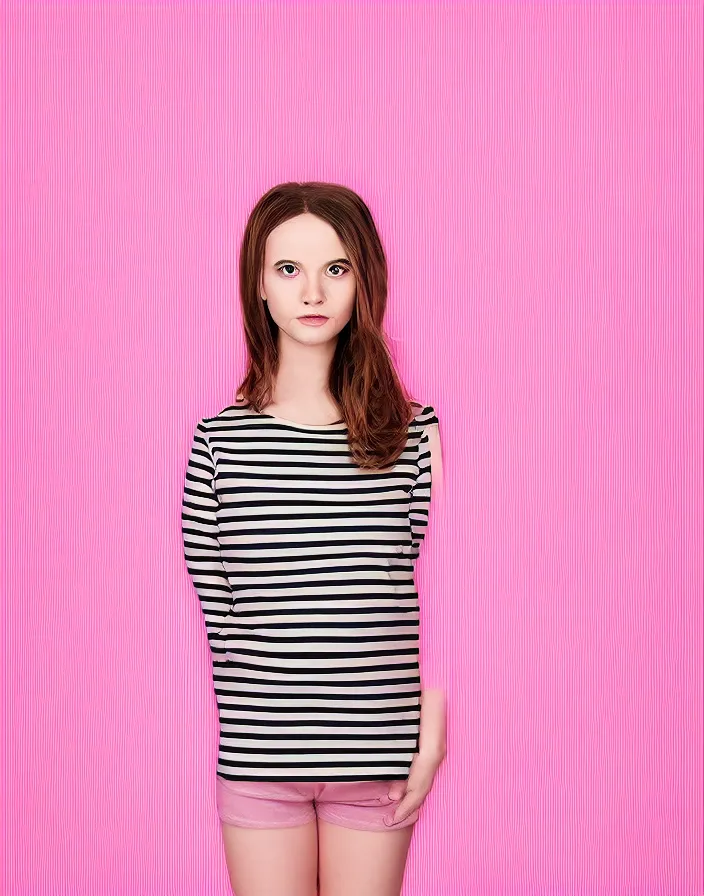 Image similar to singular human in the shape of a Funko Pop posing for a portrait, studio lighting, pink striped wallpaper backdrop, 8k