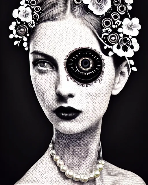 Image similar to black and white masterpiece profile portrait painting with no frame, one steampunk eye silver lace floral biomechanical beautiful young female cyborg, big monocular, volumetric light, hibiscus flowers, by dora maar, rim light, big gothic fashion pearl embroidered collar, 8 k