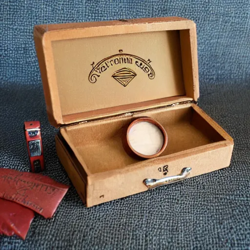 Image similar to vintage gift box for men, stamped with sealing wax, old school, wes anderson style