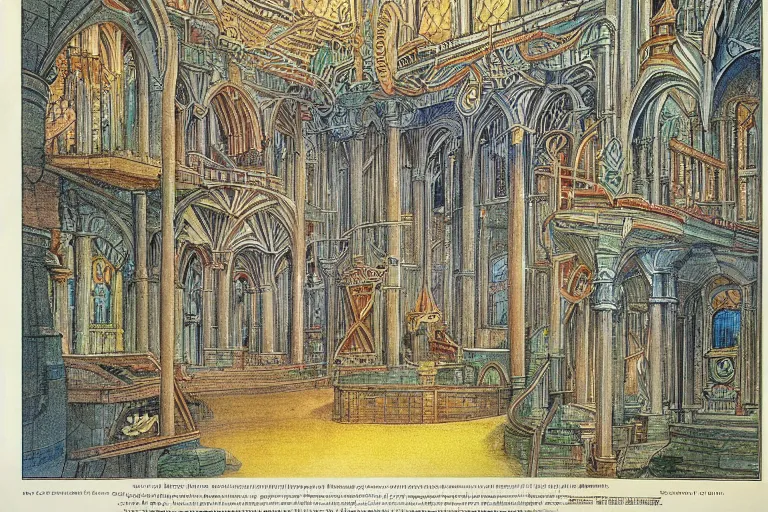 Prompt: scan page of encyclopedia color illustrations : : fantasy architecture, diagrams showing various fantasy architecture styles, insanely detailed, informative texts and graphs