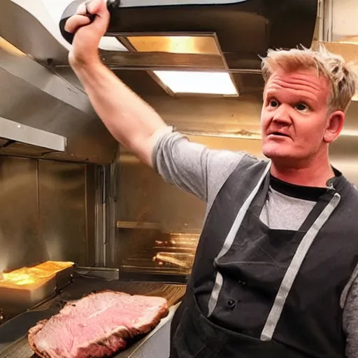 Image similar to Camcorder footage of Gordon Ramsey grilling a steak in the distance, In the Backrooms (found footage)