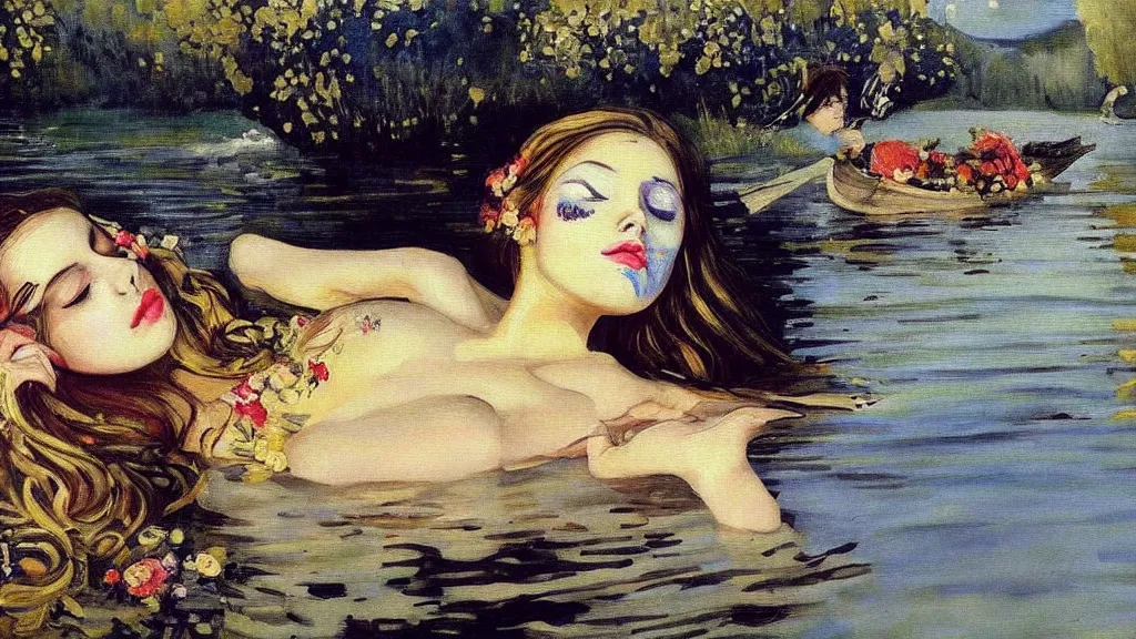 Prompt: prompt: one beautiful girl sleeping in the lake with shining face painted by Valentin Serov, detailed realistic face, Ophelia painting inspired, intricate detailed oil painting, alchemical artifacts and hieroglyphs, magical items, gnarly paint marks