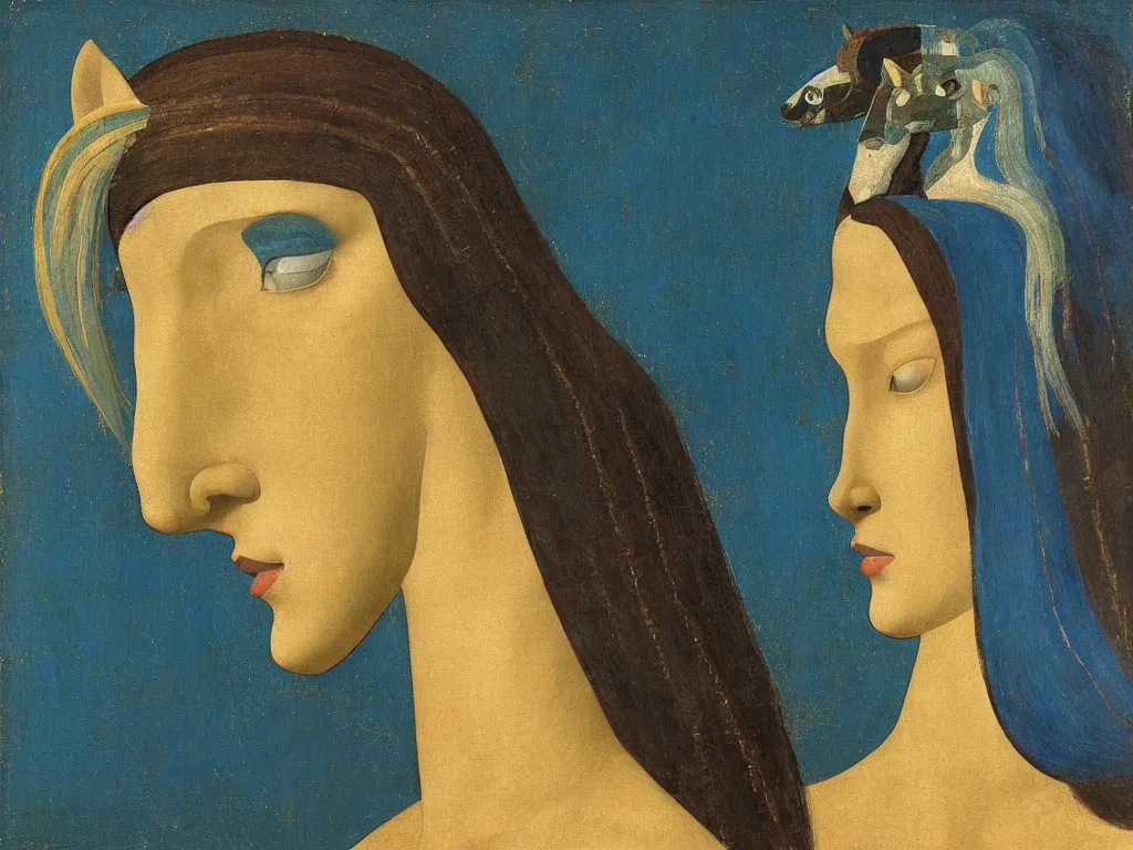 Image similar to portrait of woman with horse head. lapis lazuli, malachite, turqouise, gold. painting by piero della francesca, balthus, agnes pelton