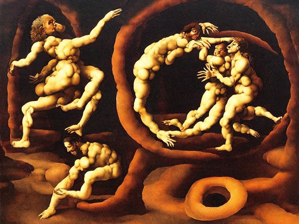 Image similar to optical illusion painting of a couple dancing in a worm hole, illusionism, mind blow, by michelangelo and salvador dali, detailed