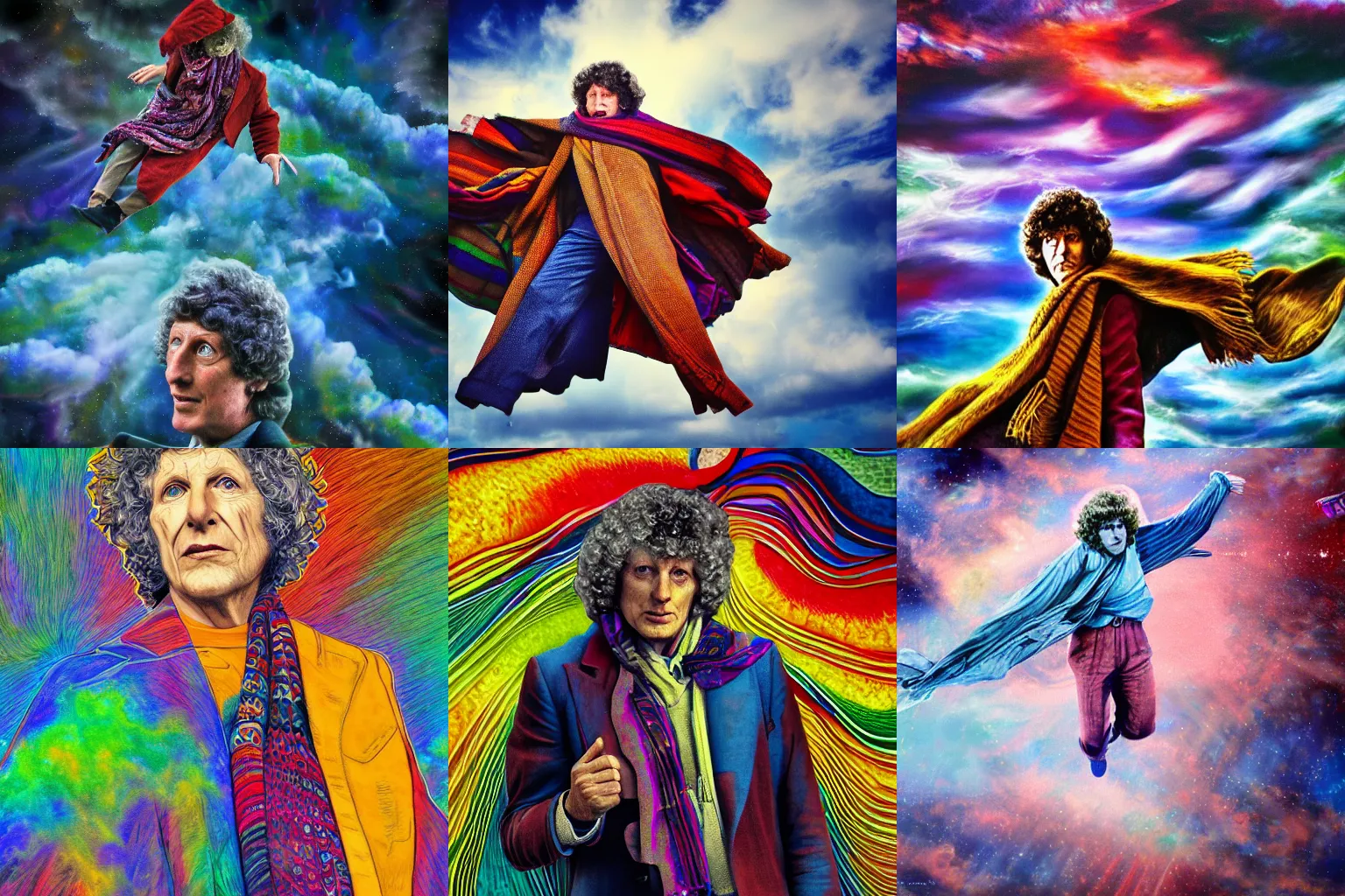 Prompt: tom baker using his scarf to fly, psychedelic, clouds, 4 k, intricate high details, sharp, photo realistic