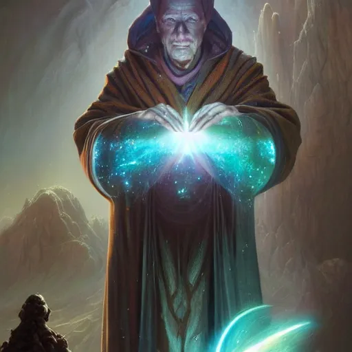 Image similar to the creator of worlds wearing a cloak and holding a holographic planet projection in his hand, detailed, sci - fi, digital painting, artstation, sharp focus, illustration, ominous, artgerm, tomasz alen kopera, peter mohrbacher, donato giancola, joseph christian leyendecker, wlop, frank frazetta