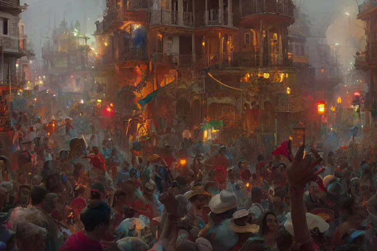 Prompt: carnaval de barranquilla, thorough details, intricate, artstation, atmosphere, highly detailed, craig mullins, james jean, cinematic, digital painting, deviantart, cinematic lighting, 4 k