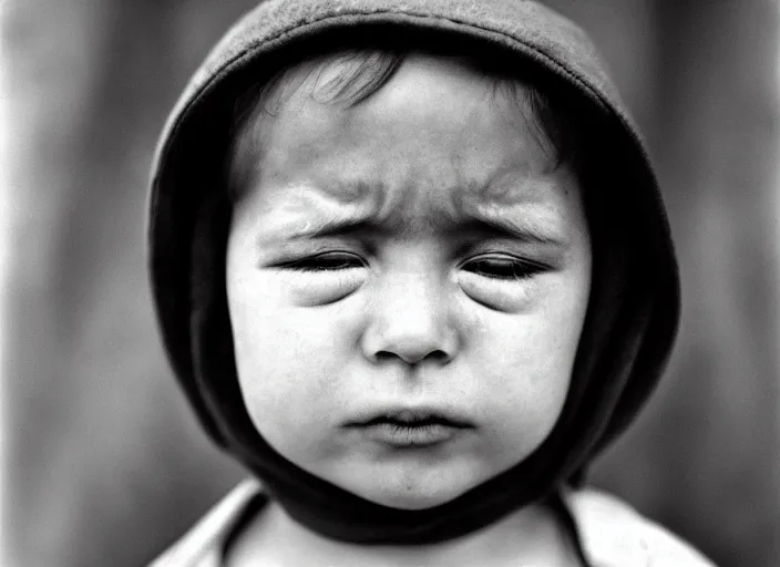 Image similar to high _ resolution _ black _ and _ white _ portrait _ with _ a _ 3 5 _ mm _ f _ 5. 0 _ lens _ of _ a _ child _ in _ soviet _ russia _ with _ closed _ eyes _ and _ a _ sad _ face _ about _ to _ cry.