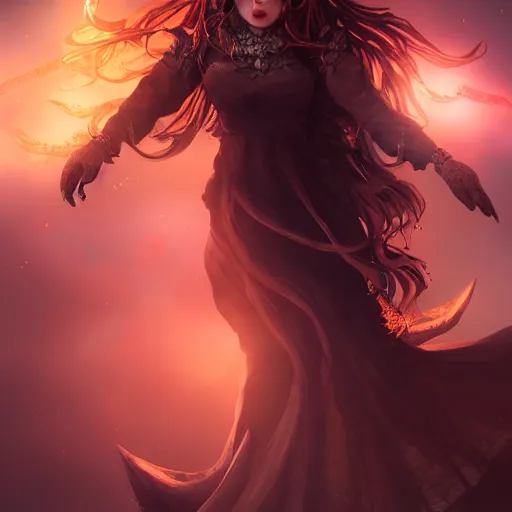 Image similar to a beautiful female witch of the bloodmoon character, character is in all its glory, full body shot, rim lights, particles and dust in the air, fancy clouds, highly detailed professional photo, dynamic lights, particles are flying, depth of field, trending on artstation, professional illustration, hyper realistic, super detailed, colorful accents, cinematic shot