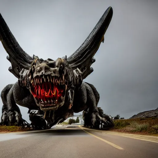 Image similar to deathclaw, monster driving the car, wide lens, 2 4 mm