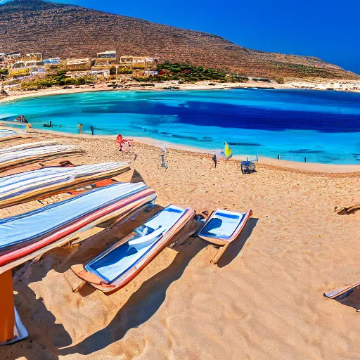 Image similar to beds on Elafonissi Beach in crete, 8k resolution, hyper detailed