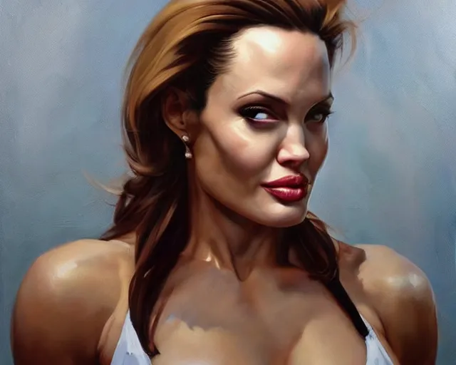 Prompt: greg manchess portrait painting of angelina jolie as beautiful thick female bodybuilder zarya from overwatch, medium shot, asymmetrical, profile picture, organic painting, sunny day, matte painting, bold shapes, hard edges, street art, trending on artstation, by huang guangjian and gil elvgren and sachin teng