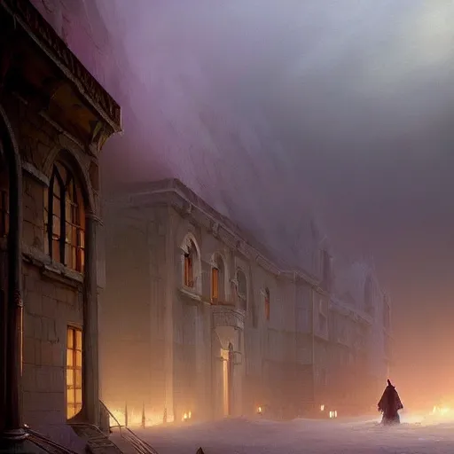 Image similar to a beautiful painting of a dark souls buildings by ivan aivazovsky and rhads and greg rutkowski and james gurney, in style of digital art, lit windows, fog, mystic, hyper detailed, sharp focus, soft light. octane render. ray tracing. trending on artstation