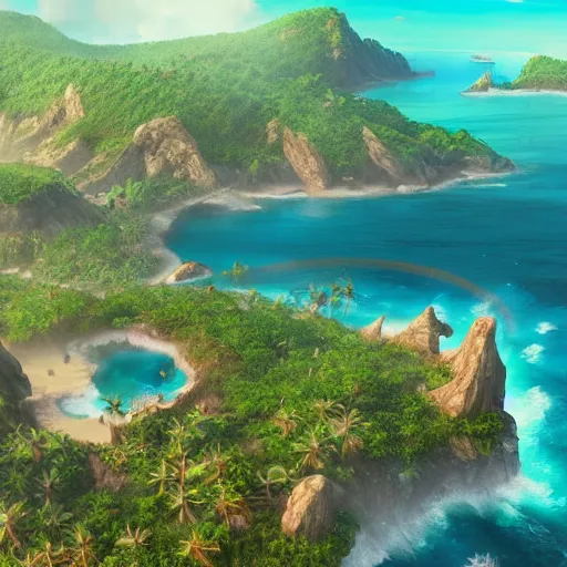 Image similar to a tropical archipelago of three large islands surrounded by a ring of other islands and mountains, fantasy art, cinematic volume lighting, 4k, illustration, epic scene, trending on artstation, art by Sebastian Luca