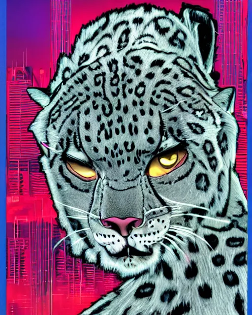Prompt: a cyberpunk portrait of an anthropomorphic snow leopard by jean - michel basquiat, by hayao miyazaki by artgerm, highly detailed, sacred geometry, mathematics, snake, geometry, cyberpunk, vibrant, water