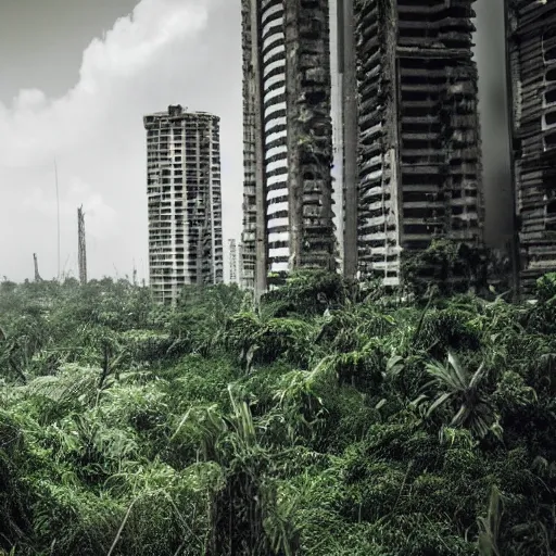 Prompt: post apocalyptic city of lagos with forests and overgrown vegetation photography