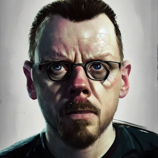 Image similar to simon pegg portrait, horror core, apocalyptic, pool cue, sharp focus, fiction, hyper detailed, digital art, trending in artstation, cinematic lighting, studio quality, smooth render, unreal engine 5 rendered, octane rendered, art style and nixeu and wlop and krenz cushart