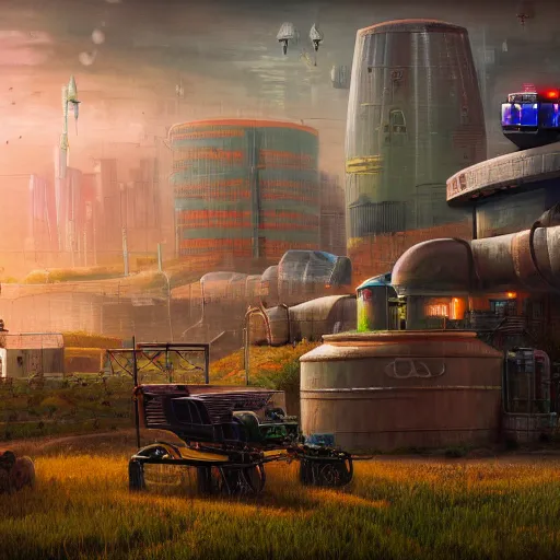 Image similar to fully detailed landscape of a cyberpunk farm , watertank, futuristic tractors, farmhouse, mushroom, overgrowth, Ai , Bots , drones , cinematic lightening, in the future, high quality, 8k , octane render, trending on artstation , greg rutowski