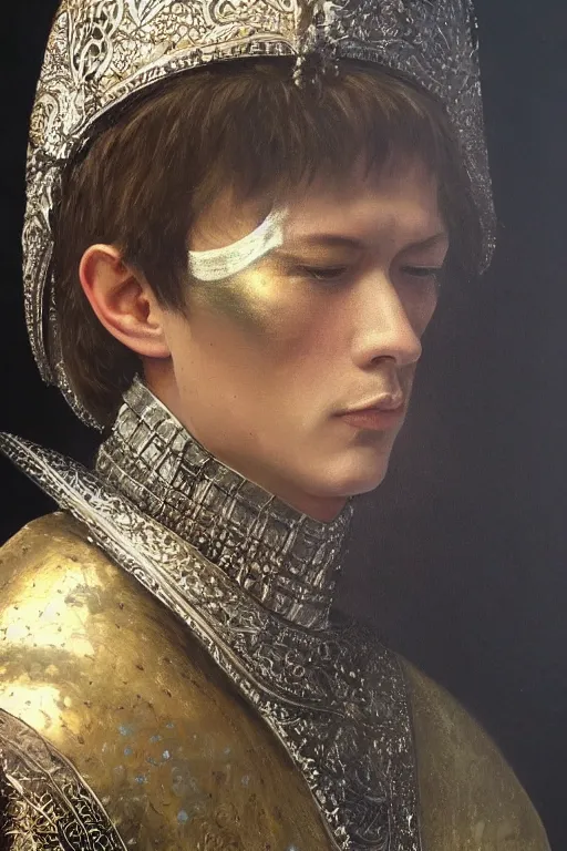 Image similar to hyperrealism oil painting, close - up portrait of caucasian medieval fashion model, knight, steel gradient mixed with nebula sky, in style of baroque mixed with 7 0 s japan book art