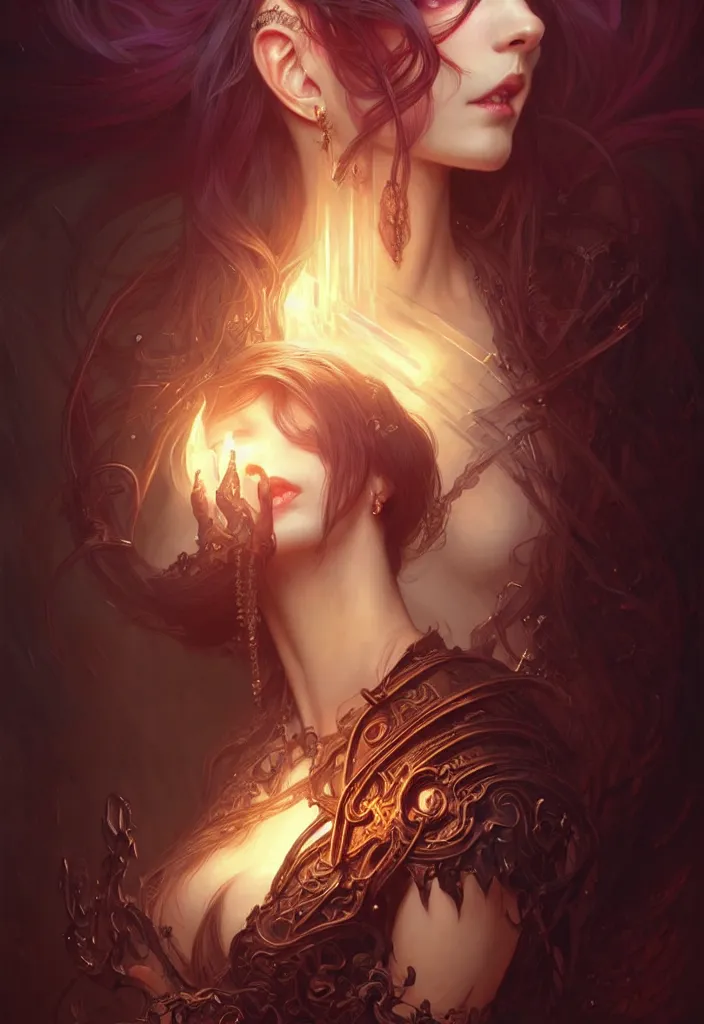 Image similar to Necromancer Sorceress, fantasy magic, undercut hairstyle, dark light night, intricate, elegant, sharp focus, illustration, highly detailed, digital painting, concept art, matte, art by WLOP and Artgerm and Greg Rutkowski and Alphonse Mucha, masterpiece