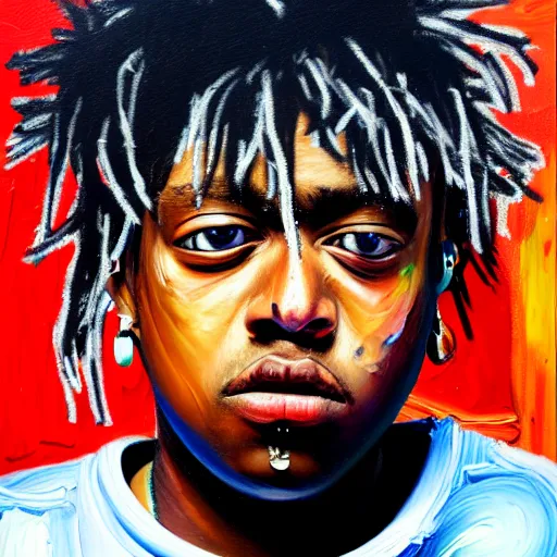 Image similar to detailed neo expressionism oil painting of sad boy juice wrld rapper by basquiat