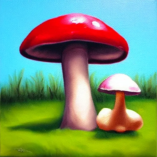 Prompt: a professional oil painting of a cute creature sitting next to a mushroom, detailed, realistic