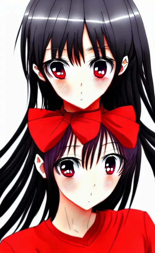 Image similar to anime girl in red outfit, detailed face, black hair, illustration