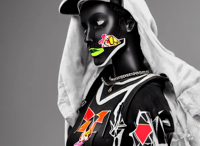 Image similar to black marble statue of a beautiful woman with colorful motocross logos in the style of virgil abloh, very very beautiful, detailed, off white, heron preston, 8 k, 4 k, detailed, beautiful, symmetrical, vogue, editorial, fashion, magazine, model