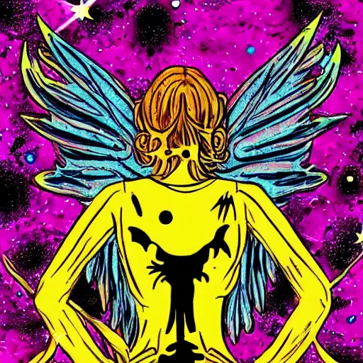 Prompt: horror acid deep colors!, female made of cosmic dust, professional shootout, portal background in the shape of wings