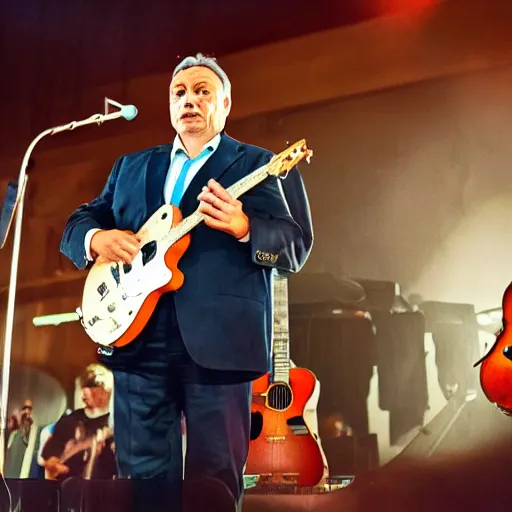 Prompt: viktor orban with a guitar, concert photography