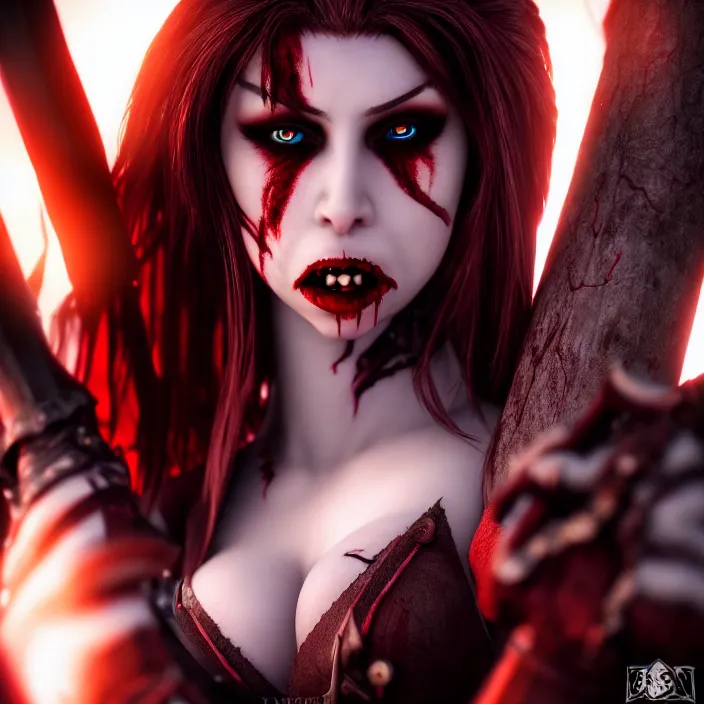 Image similar to photograph of a real-life beautiful! female vampire warrior. Extremely detailed. 8k