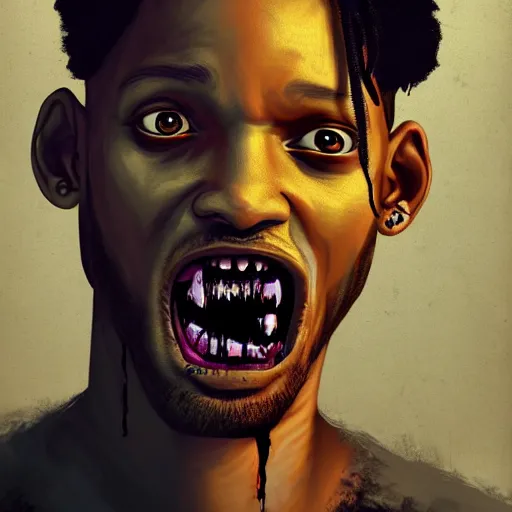 Prompt: a zombie Will Smith, by WLOP, horror, wounds, bloody, dark fantasy, trending on artstation