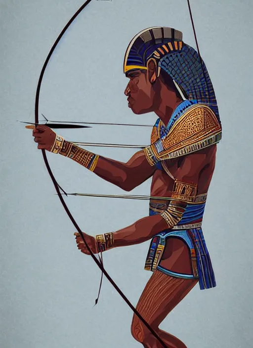 Prompt: illustration of a man shooting an arrow with a bow, digital illustration, egyptian art by brian despain, behance contest winner, afrofuturism, egyptian art, 2 d game art, hyper - realism