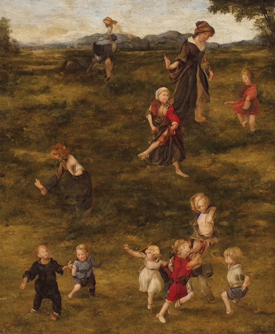 Image similar to a woman playing with two small boys in a dried out meadow, in the style of Raffael, oil painting, Italian Renaissance