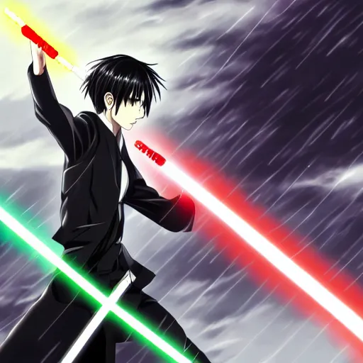 Image similar to Levi Ackerman in a fight using lightsabers, 4k wallpaper, handsome face, HD anime, realistic anime, rain aesthetic