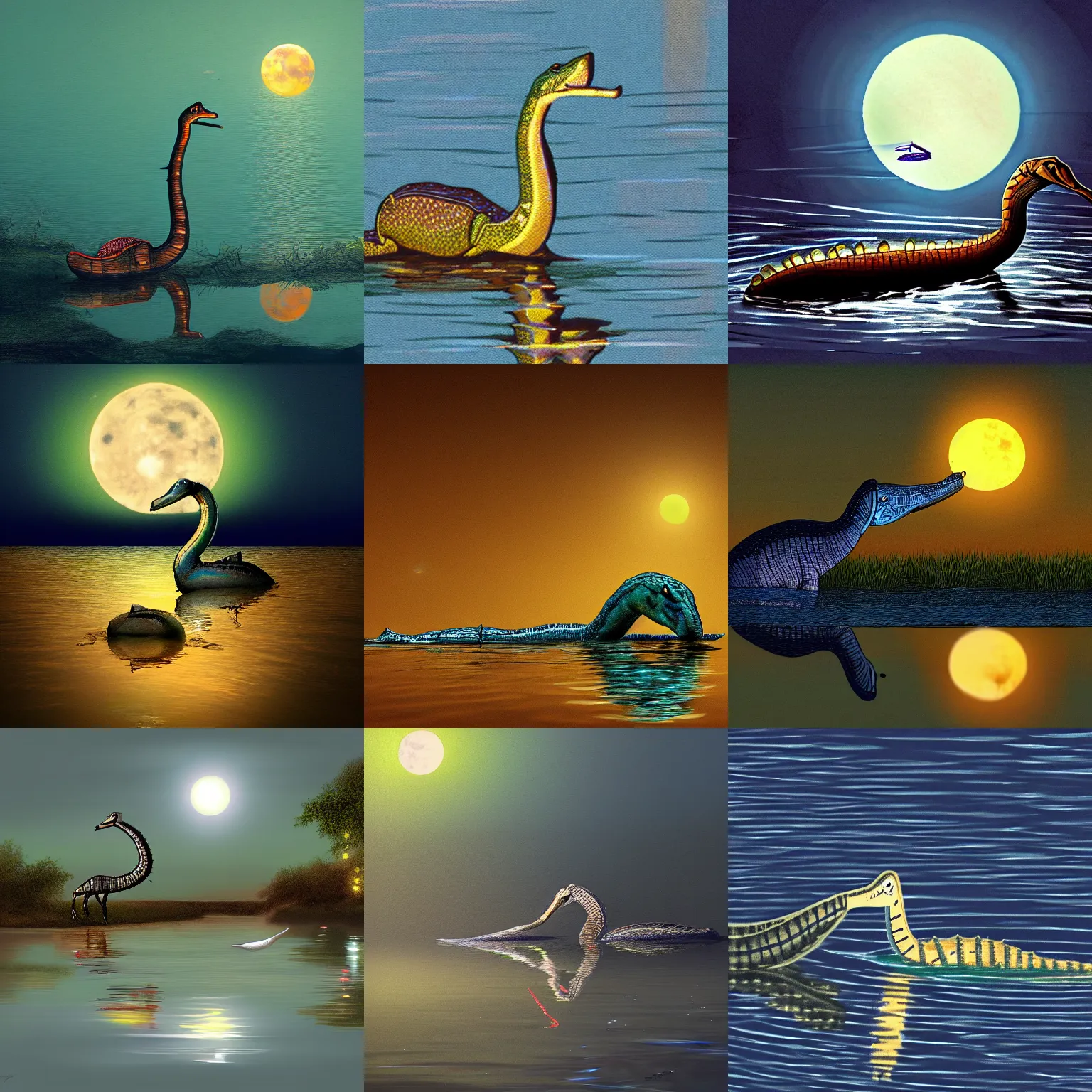 Prompt: curious indian gharial swimming in the river at night with moonlight in the background reflecting off the river water, digital art, artstation, colorful