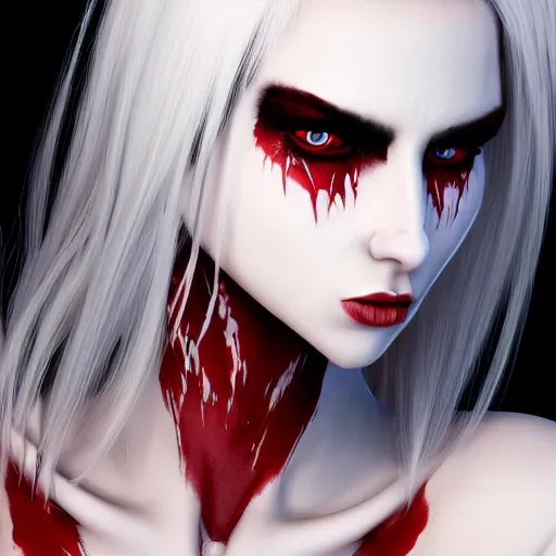 Image similar to a highly detailed portrait of a humanoid demon girl with white hair, red horns, in white clothes, artstation, deviantart, professional, unreal engine 5, photorealistic