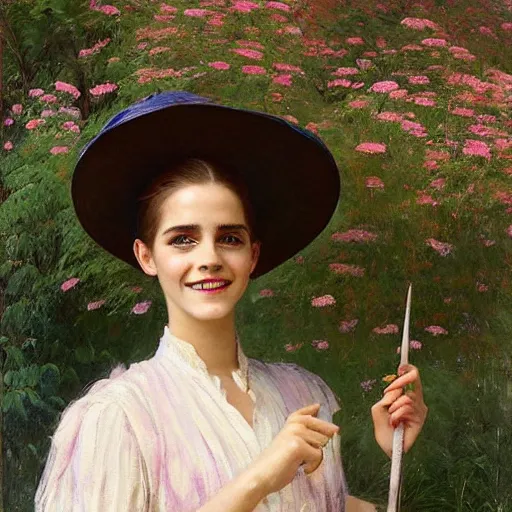 Image similar to thick paint brush strokes full body fashion model smiling emma watson by Jeremy Lipking by Hasui Kawase by Richard Schmid (((smokey eyes makeup eye shadow fantasy, glow, shimmer as victorian woman in a long white frilly lace dress and a large white hat having tea in a sunroom filled with flowers, roses and lush fern flowers ,intricate, night, highly detailed, dramatic lighting))) , high quality