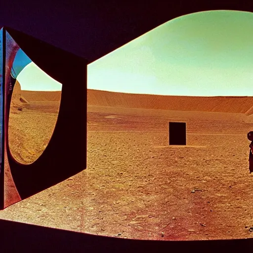 Prompt: levitating bene gesserit with full - face golden mask meeting salvador dali in a dry rocky desert landscape, visible sky and sunny atmosphere, fata morgana and giant square mirrors by alejandro jodorowsky, anamorphic lens, kodakchrome, practical effects, masterpiece, 8 k -