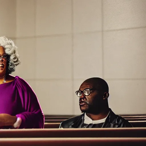 Prompt: a cinematic still of Madea preaching at a Baptist Church in Rural Tennessee, portrait, shallow depth of field, close up