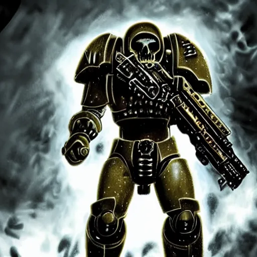 Image similar to a single human marine soldier full body with normal anatomy Warhammer 40k, wearing a small space marine skull helmet, wearing a full suit of symmetrical black space marine armor plating, golden skulls decorating armor, walking, holding arm up and aiming a bolt pistol, battlefield scene with smoke, seamless, grunge aesthetic