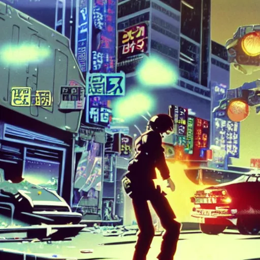 Prompt: 1991 Video Game Screenshot, Anime Neo-tokyo Cyborg bank robbers vs police shootout, bags of money, Police Shot, Bullet Holes, Anime Blood Splatter, Anime VFX, Violent, Action, MP5S, FLCL, Highly Detailed, 8k :4 by Katsuhiro Otomo + Studio Gainax + Arc System Works : 8