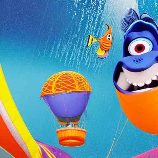 Prompt: render of dory and nemo riding a hot air balloon in the rain, detailed, colorful, symmetry