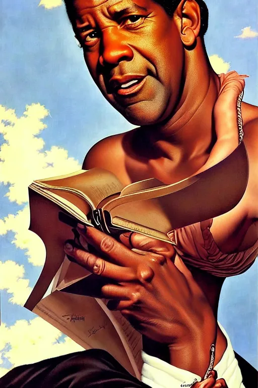 Image similar to denzel washington by gil elvgren and norman rockwell and rob gonsalves and hajime sorayama, hyperrealistic, high detail, ultra detailed, highly detailed face, ruffled fabric