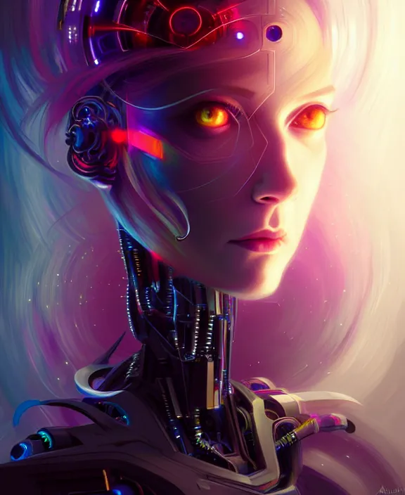 Image similar to a whirlwind of souls rushing inside the metaverse, hologram, half body, neurochip, shaved temple, piercing, jewelry, android, cyborg, cyberpunk face, by loish, d & d, fantasy, intricate, elegant, highly detailed, colorful, digital painting, artstation, concept art, art by artgerm and greg rutkowski and alphonse mucha