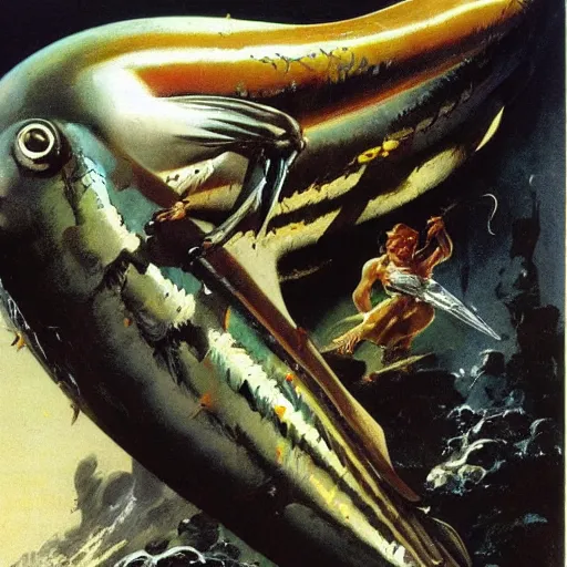 Image similar to a sardine in a can, by frank frazetta