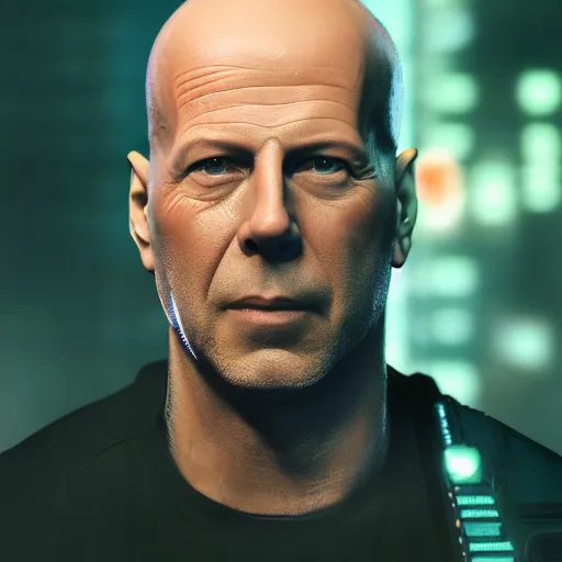 Prompt: bruce willis portrait, cyberpunk 2 0 7 7, cyberpsycho, photorealistic, ultra detailed, neon, octane, bokeh, cyber, cyberpunk city, feature, scars, cyberface, 8 k